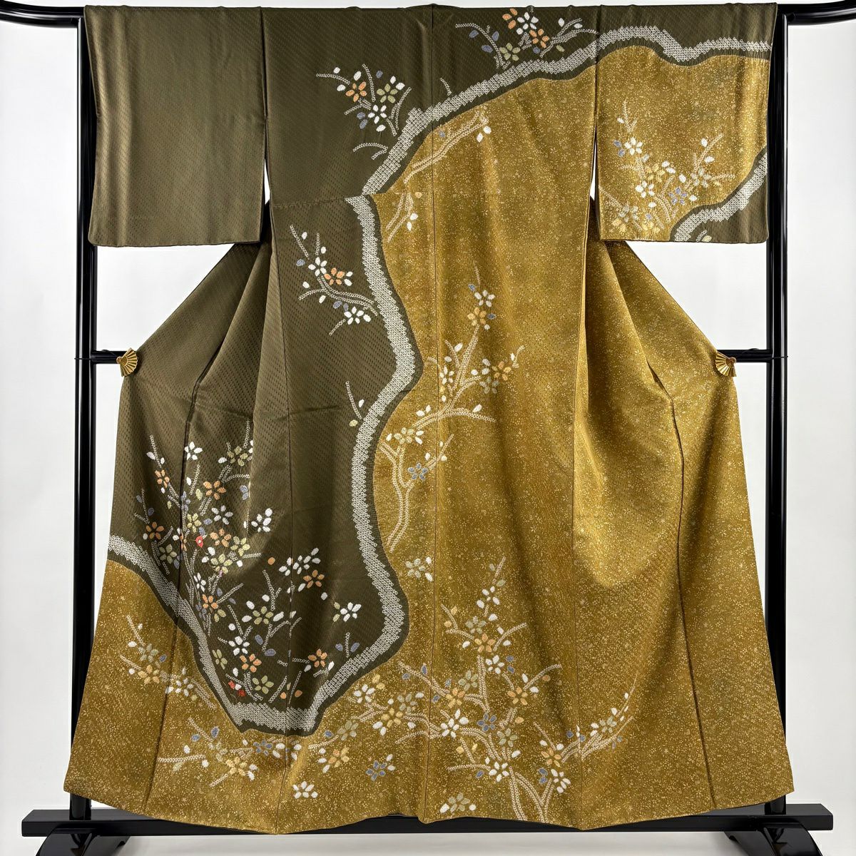 【美品】訪問服 身長157cm 袖長65.5cm M 雙層 草花紋紋 金糸 絞染 茶綠 純蠶絲 名品級