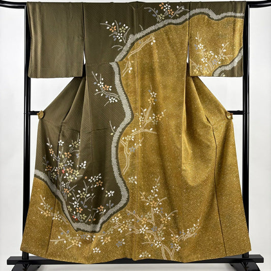 【美品】訪問服 身長157cm 袖長65.5cm M 雙層 草花紋紋 金糸 絞染 茶綠 純蠶絲 名品級