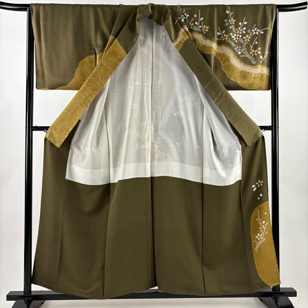【美品】訪問服 身長157cm 袖長65.5cm M 雙層 草花紋紋 金糸 絞染 茶綠 純蠶絲 名品級