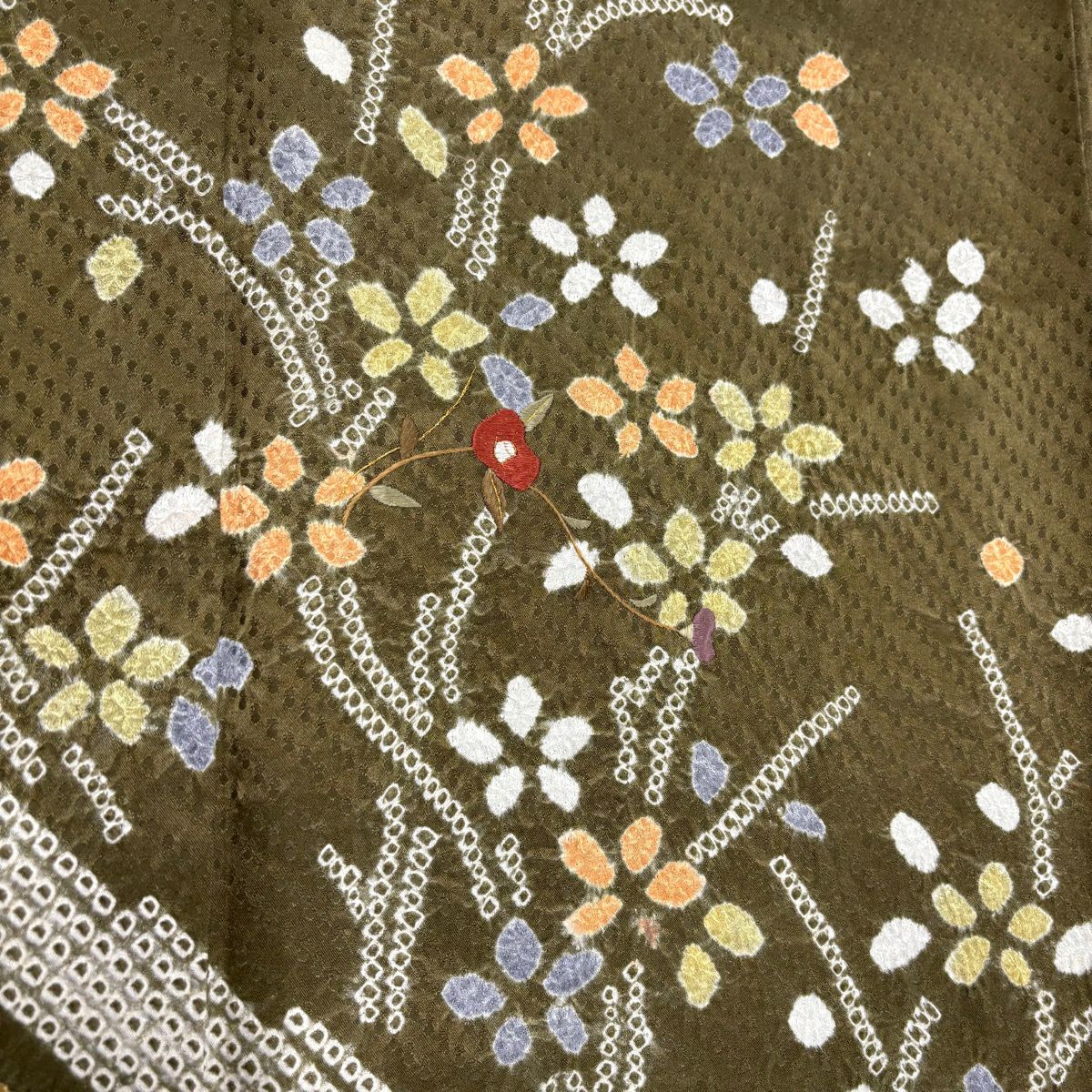 【美品】訪問服 身長157cm 袖長65.5cm M 雙層 草花紋紋 金糸 絞染 茶綠 純蠶絲 名品級