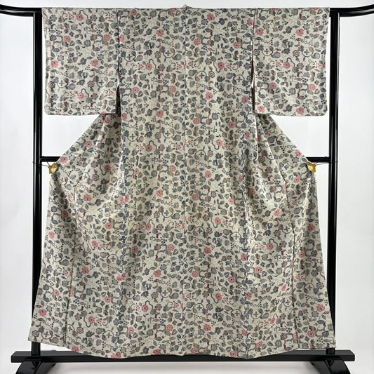 小紋 身長156cm 袖長63cm S 雙層 草花紋紋 葡萄唐草紋 米色 純蠶絲 名品級