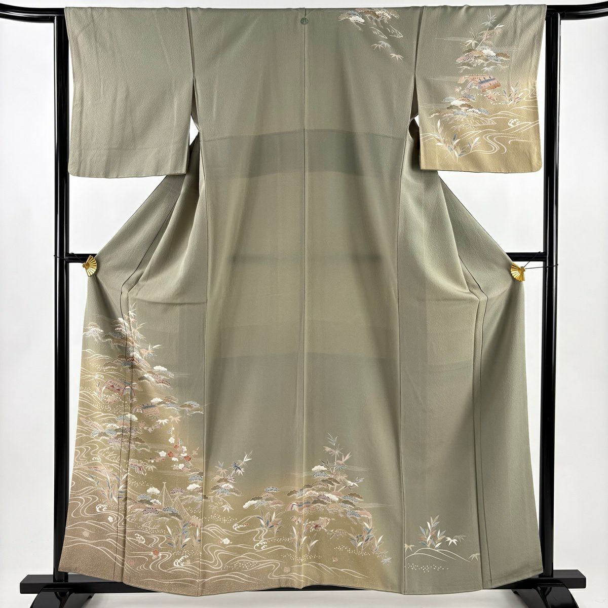 訪問服 身長160cm 袖長63.5cm S 雙層 松樹竹子梅花 流水 絞染 刺繡 灰綠 純蠶絲 名品級 一つ紋