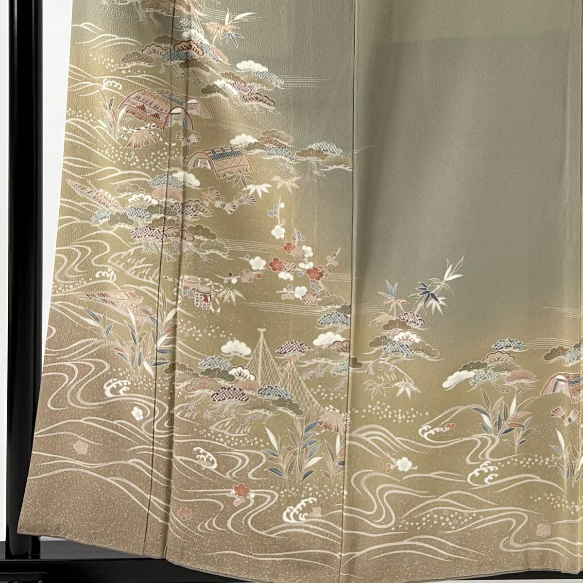 訪問服 身長160cm 袖長63.5cm S 雙層 松樹竹子梅花 流水 絞染 刺繡 灰綠 純蠶絲 名品級 一つ紋