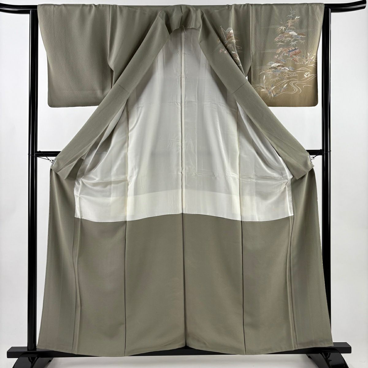 訪問服 身長160cm 袖長63.5cm S 雙層 松樹竹子梅花 流水 絞染 刺繡 灰綠 純蠶絲 名品級 一つ紋
