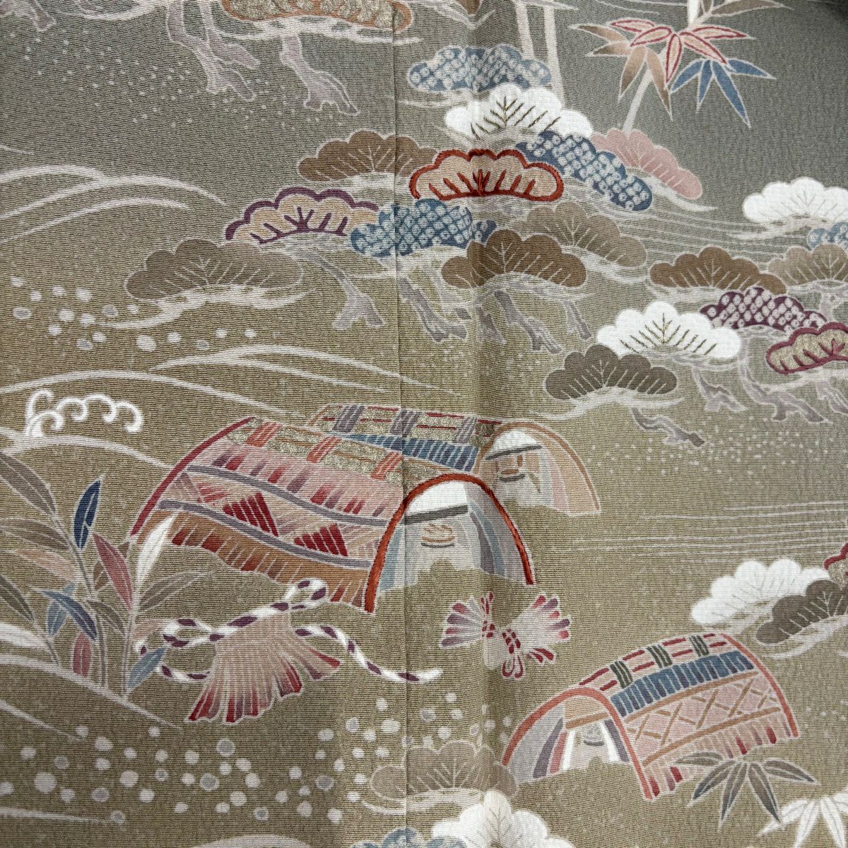 訪問服 身長160cm 袖長63.5cm S 雙層 松樹竹子梅花 流水 絞染 刺繡 灰綠 純蠶絲 名品級 一つ紋