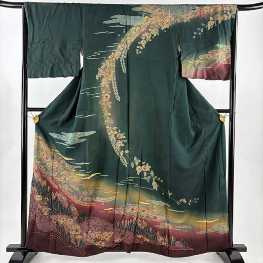 訪問服 身長161cm 袖長65.5cm M 雙層 辻花染 霞 金通し 漸層 深綠 純蠶絲 名品級