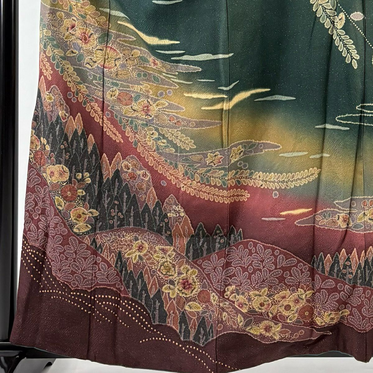 訪問服 身長161cm 袖長65.5cm M 雙層 辻花染 霞 金通し 漸層 深綠 純蠶絲 名品級