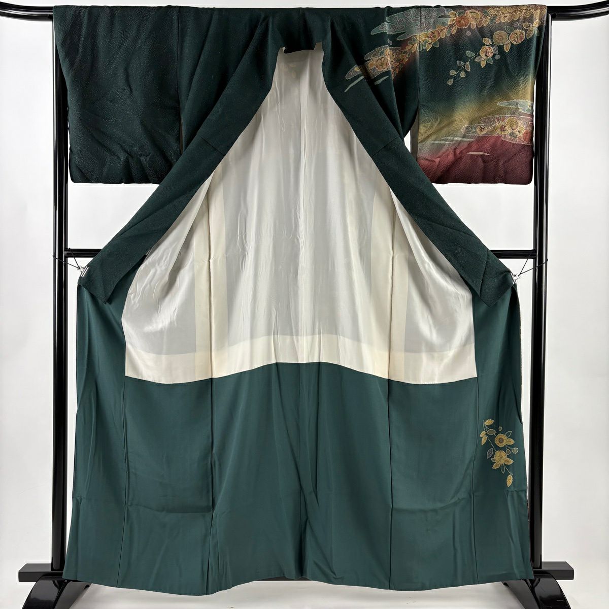 訪問服 身長161cm 袖長65.5cm M 雙層 辻花染 霞 金通し 漸層 深綠 純蠶絲 名品級