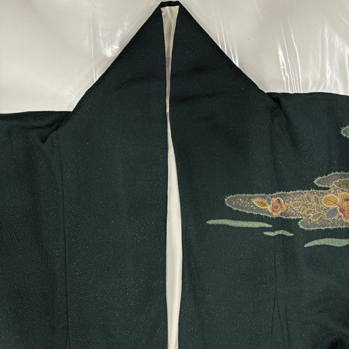 訪問服 身長161cm 袖長65.5cm M 雙層 辻花染 霞 金通し 漸層 深綠 純蠶絲 名品級