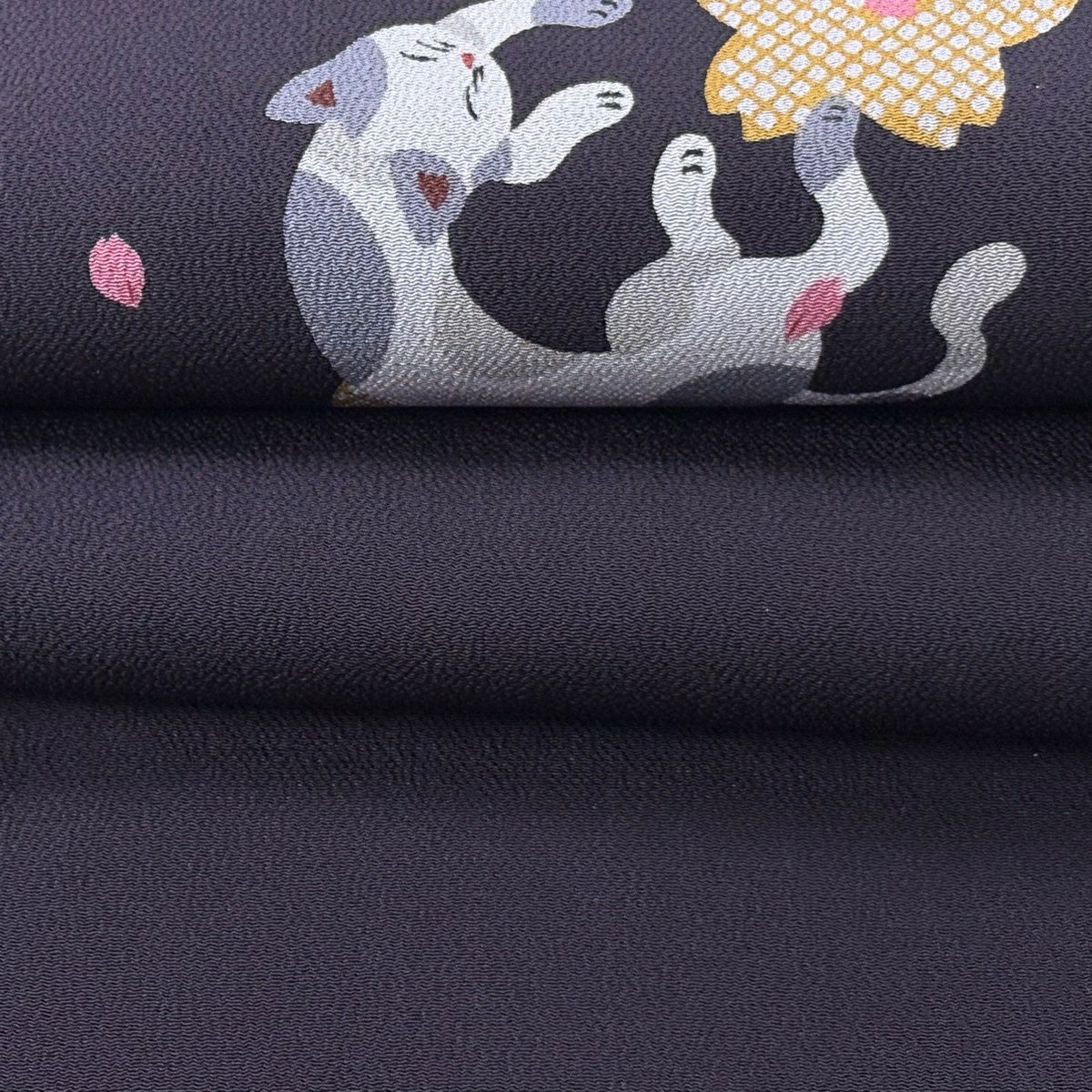 【美品】 名古屋帶 逸品級 貓 櫻花 縮緬 濃紫 純蠶絲
