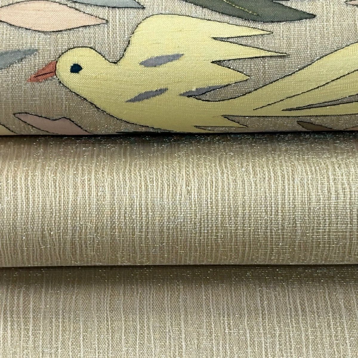 【美品】 袋帶 逸品級 夏帶 鳥 葉紋 金銀彩 淺茶 細帶圖案 純蠶絲
