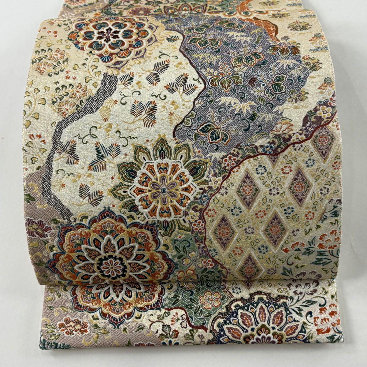 【美品】 袋帶 逸品級 華紋 道長取 金絲 金金箔 奶油 六通 純蠶絲