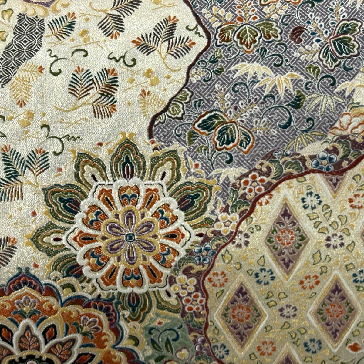 【美品】 袋帶 逸品級 華紋 道長取 金絲 金金箔 奶油 六通 純蠶絲