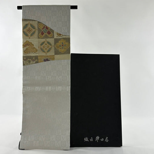 【美品】 名古屋帶 逸品級 誉田屋源兵衛 附共箱 花菱 松樹 金銀彩 灰色 純蠶絲