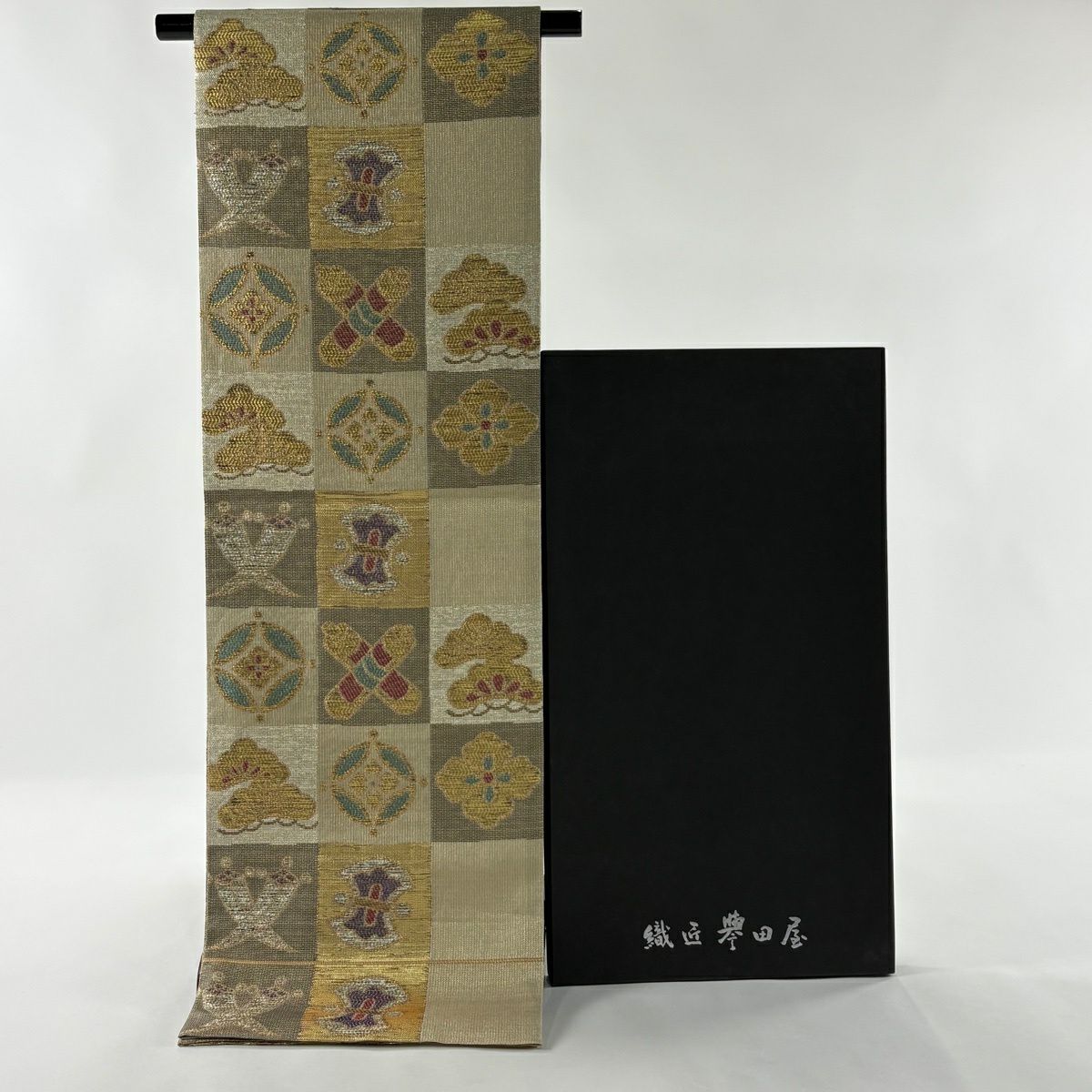 袋帶 逸品級 誉田屋源兵衛 附共箱 松樹 花菱 金金箔 金絲 金 六通 純蠶絲