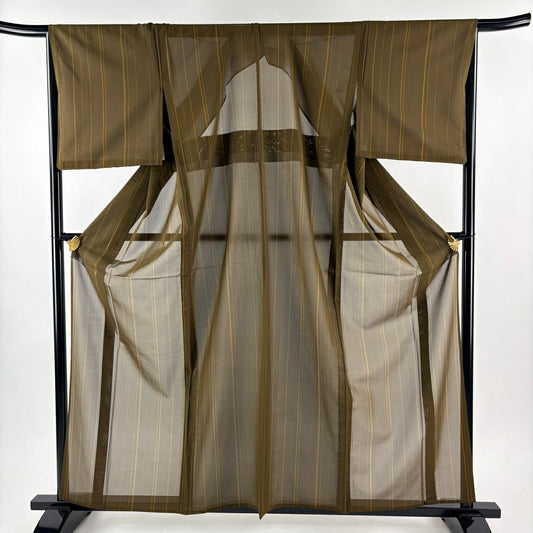 【美品】 紬織 身長160.5cm 袖長67cm M 薄物 夏黃八 證書齊全 茶 純蠶絲 逸品級