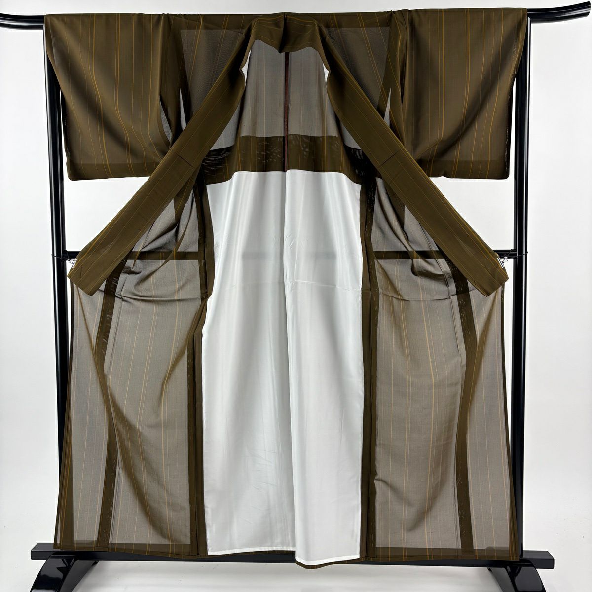 【美品】 紬織 身長160.5cm 袖長67cm M 薄物 夏黃八 證書齊全 茶 純蠶絲 逸品級