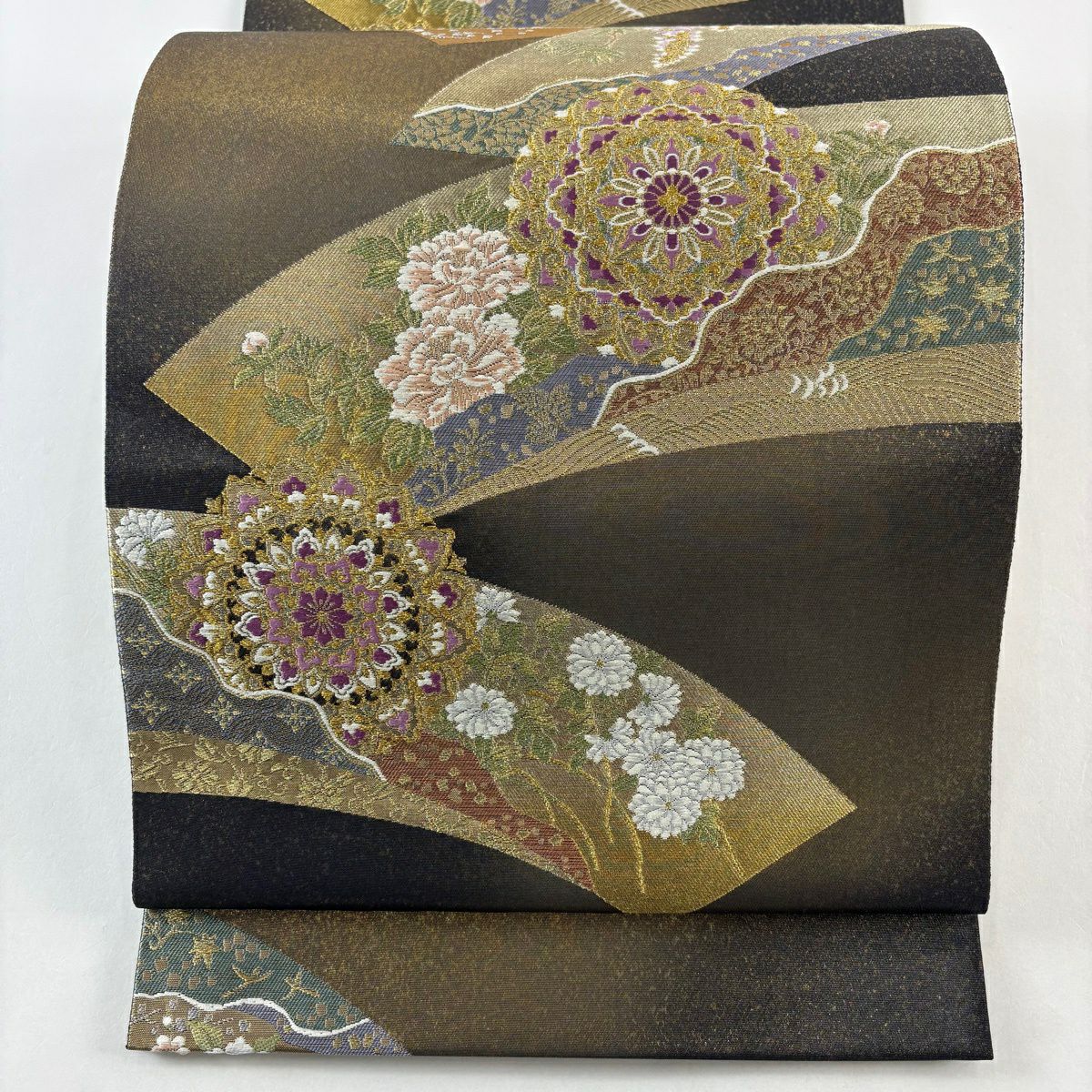 【美品】 袋帶 逸品級 じゅらく 落款あり 帝王紫 華紋 扇子面 金銀彩 金金箔 金茶 六通 純蠶絲