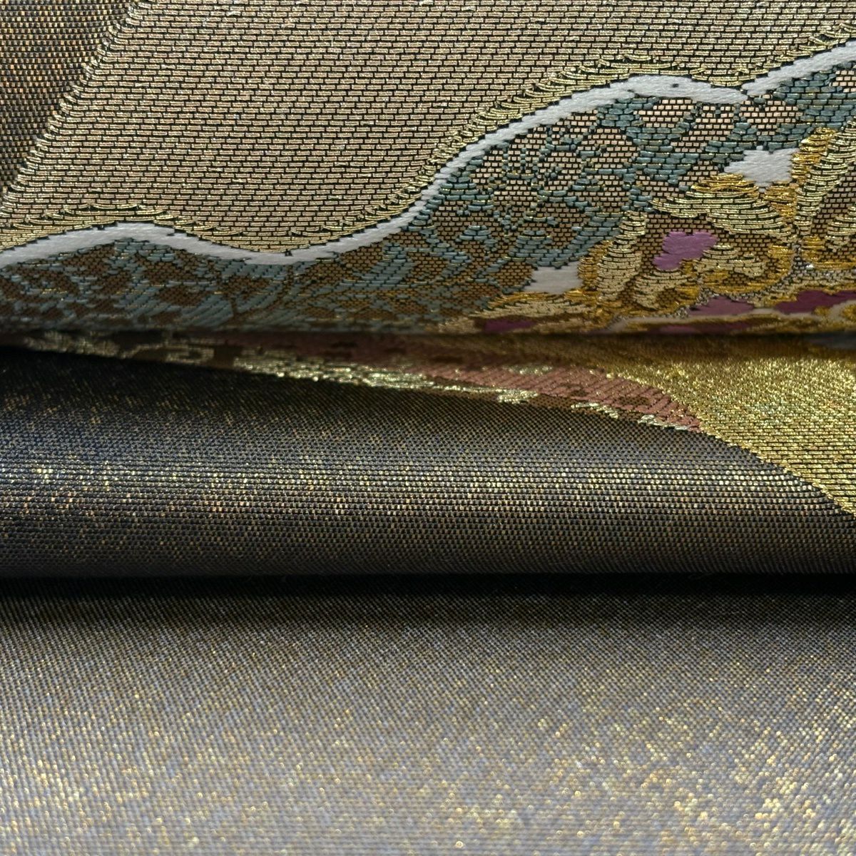 【美品】 袋帶 逸品級 じゅらく 落款あり 帝王紫 華紋 扇子面 金銀彩 金金箔 金茶 六通 純蠶絲