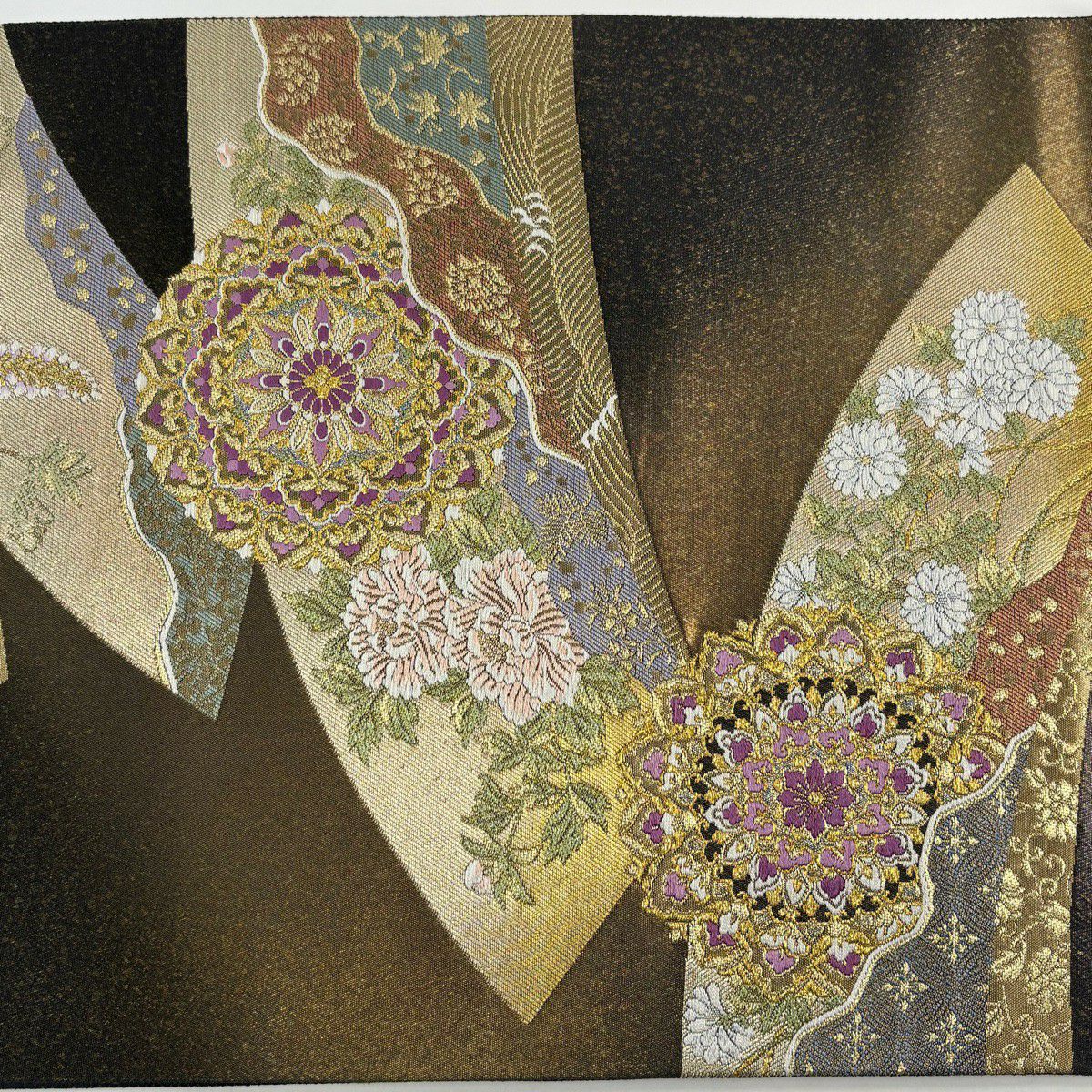 【美品】 袋帶 逸品級 じゅらく 落款あり 帝王紫 華紋 扇子面 金銀彩 金金箔 金茶 六通 純蠶絲