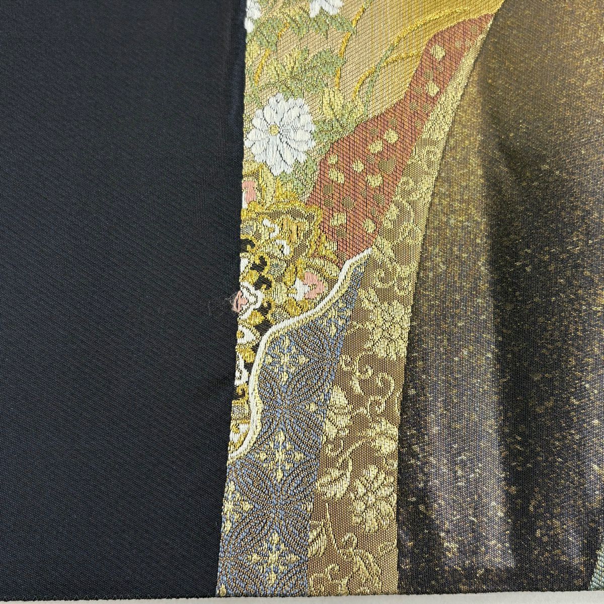 【美品】 袋帶 逸品級 じゅらく 落款あり 帝王紫 華紋 扇子面 金銀彩 金金箔 金茶 六通 純蠶絲