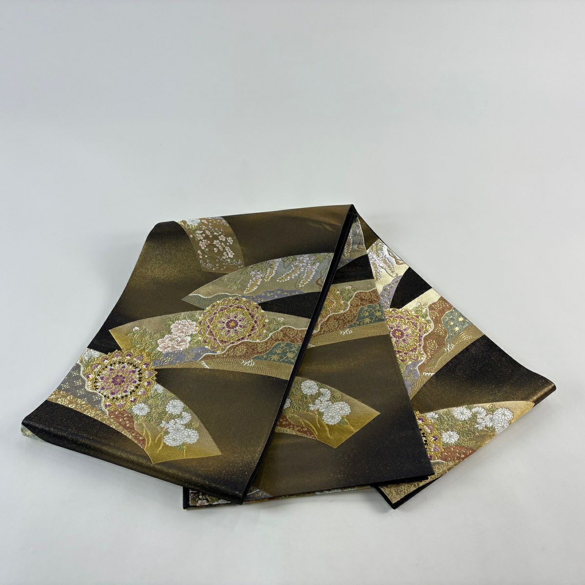 【美品】 袋帶 逸品級 じゅらく 落款あり 帝王紫 華紋 扇子面 金銀彩 金金箔 金茶 六通 純蠶絲
