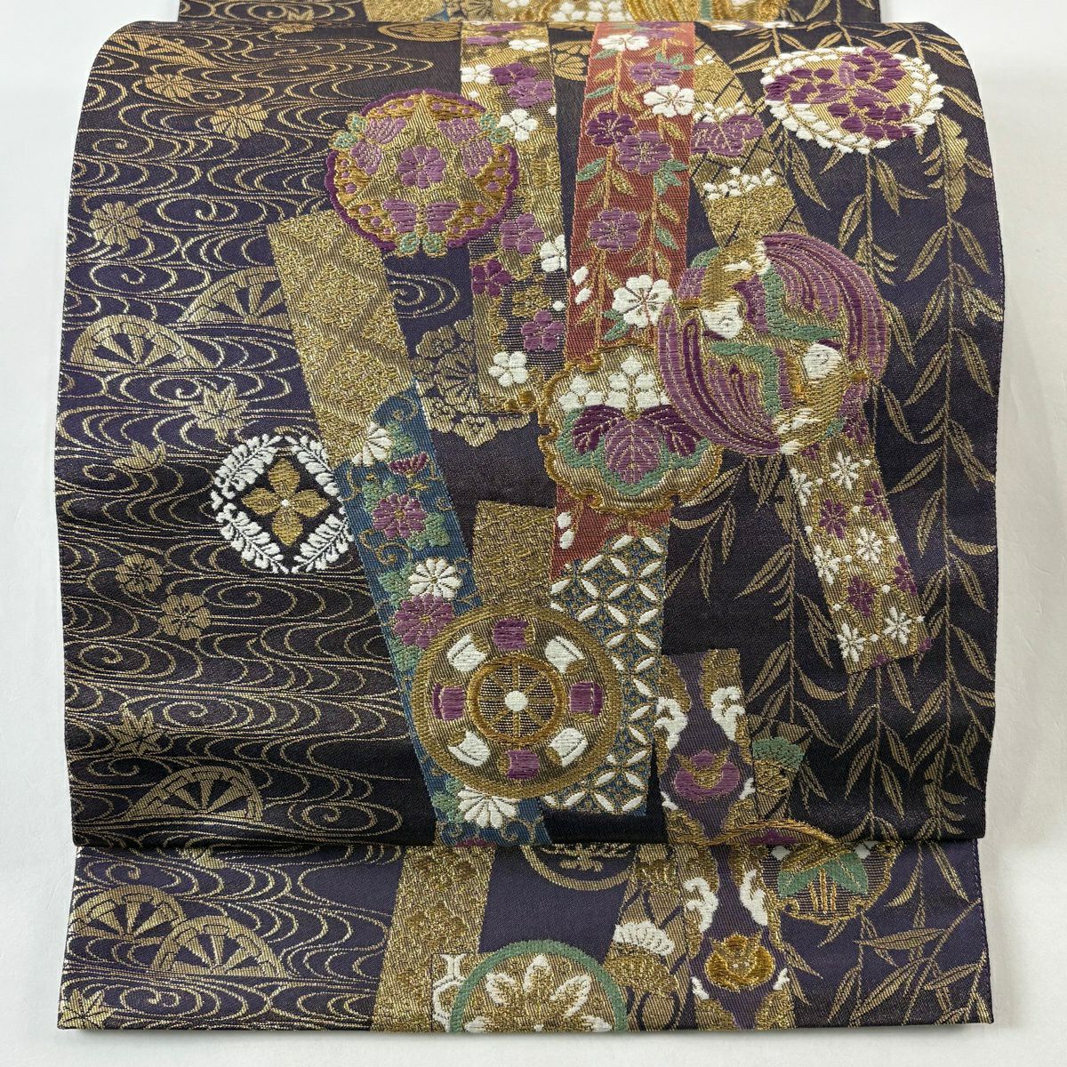 【美品】 袋帶 逸品級 じゅらく 落款あり 帝王紫 短冊 向鳥 金絲 金金箔 紫 六通 純蠶絲
