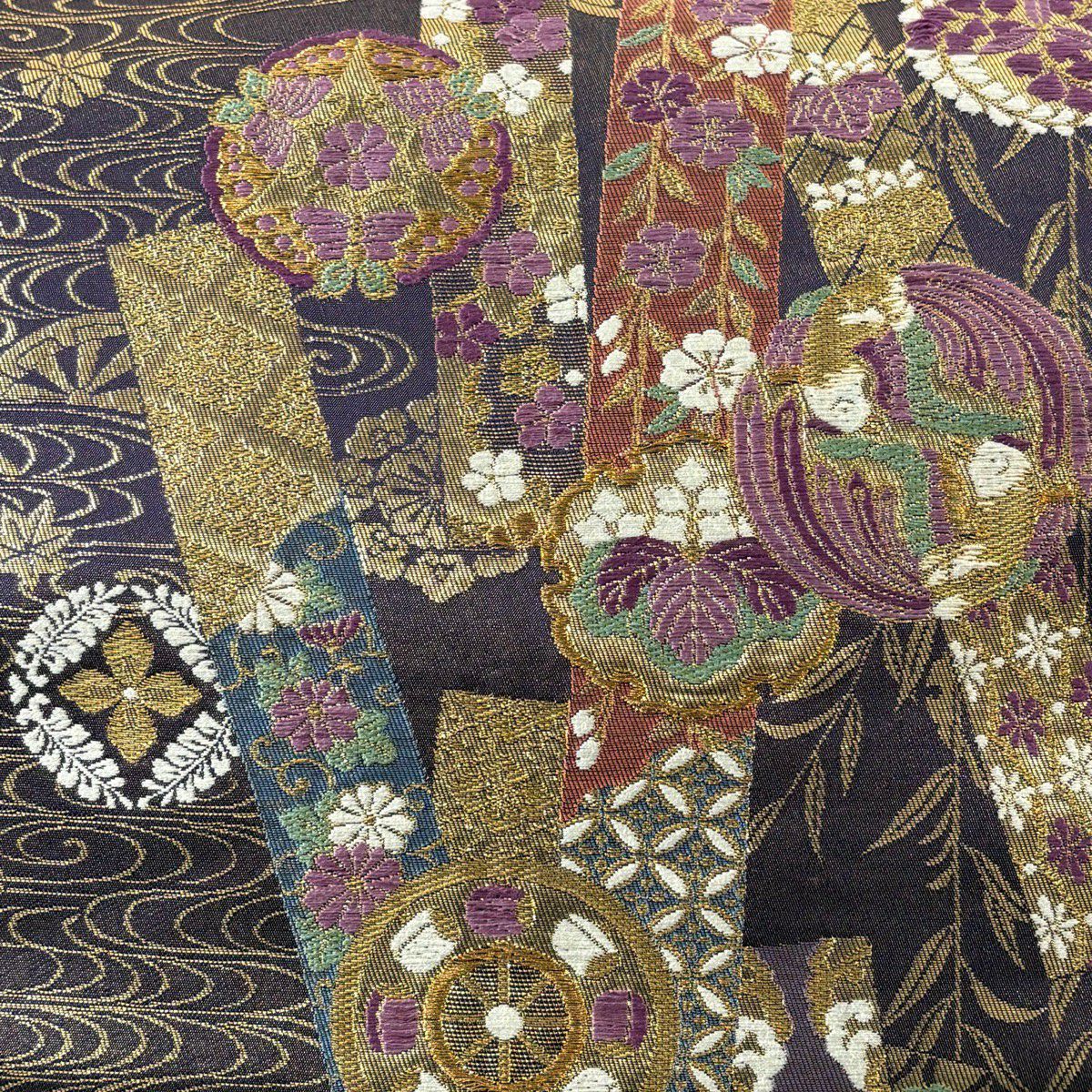 【美品】 袋帶 逸品級 じゅらく 落款あり 帝王紫 短冊 向鳥 金絲 金金箔 紫 六通 純蠶絲