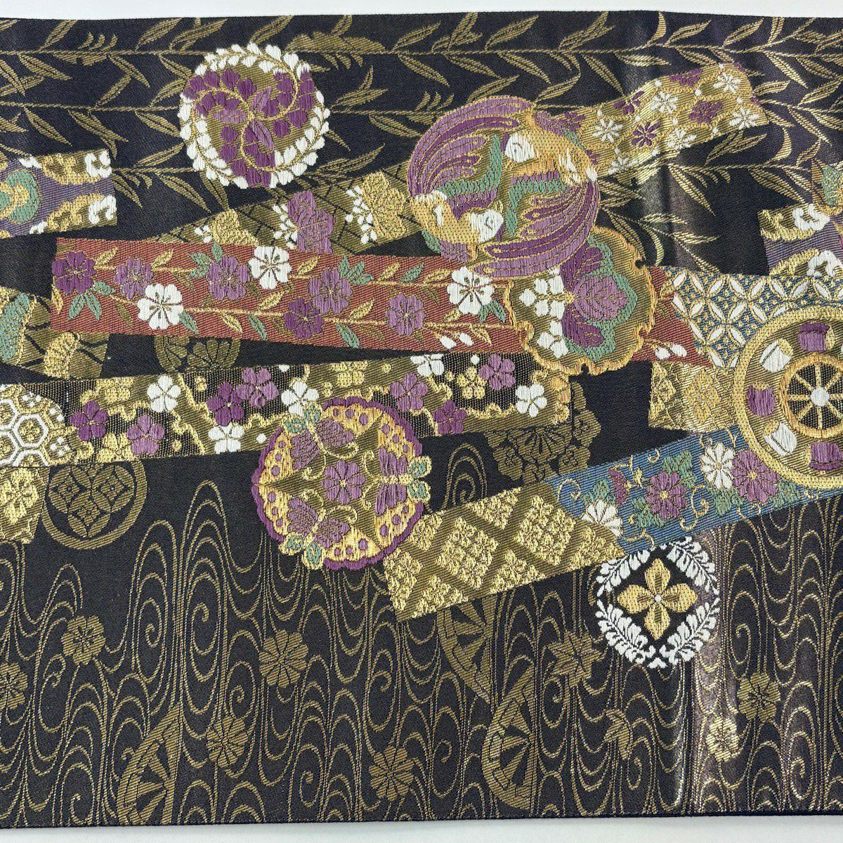 【美品】 袋帶 逸品級 じゅらく 落款あり 帝王紫 短冊 向鳥 金絲 金金箔 紫 六通 純蠶絲
