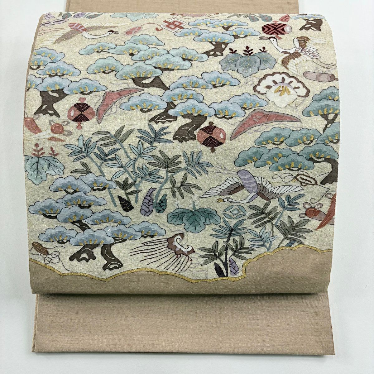 【美品】 袋帶 逸品級 鳥 寶盡くし 金通 金絲 淺茶 藍色 お太鼓圖案 純蠶絲
