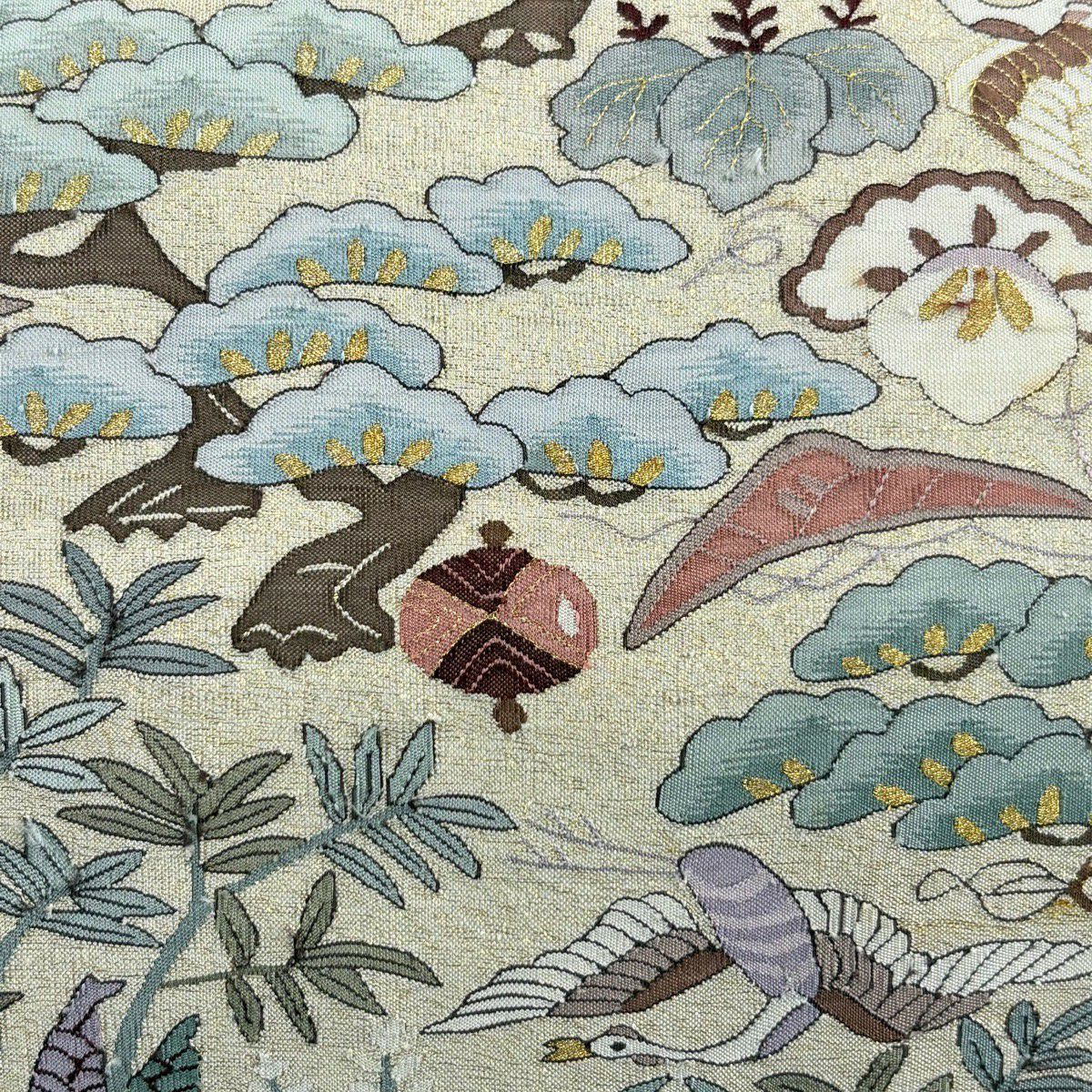 【美品】 袋帶 逸品級 鳥 寶盡くし 金通 金絲 淺茶 藍色 お太鼓圖案 純蠶絲