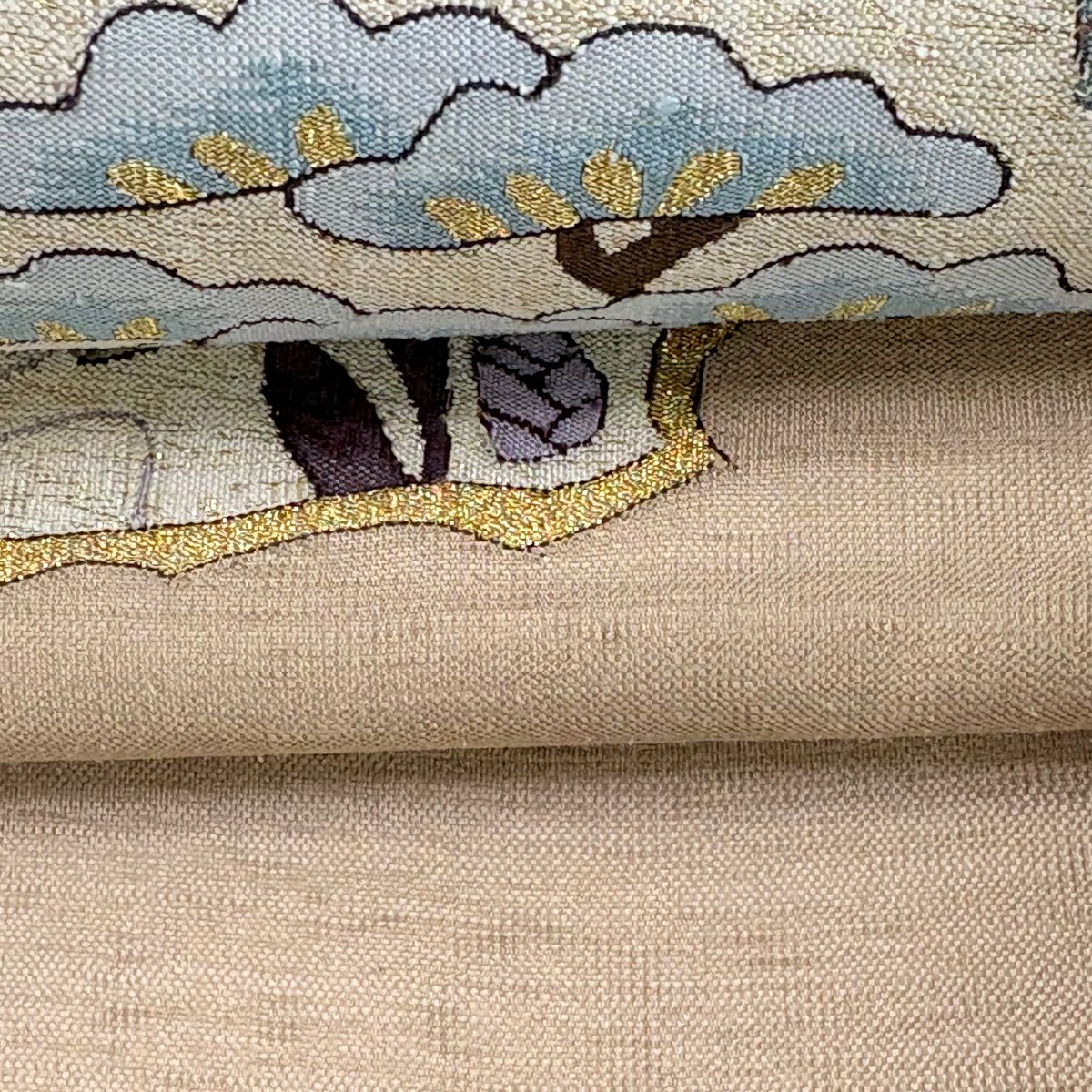 【美品】 袋帶 逸品級 鳥 寶盡くし 金通 金絲 淺茶 藍色 お太鼓圖案 純蠶絲