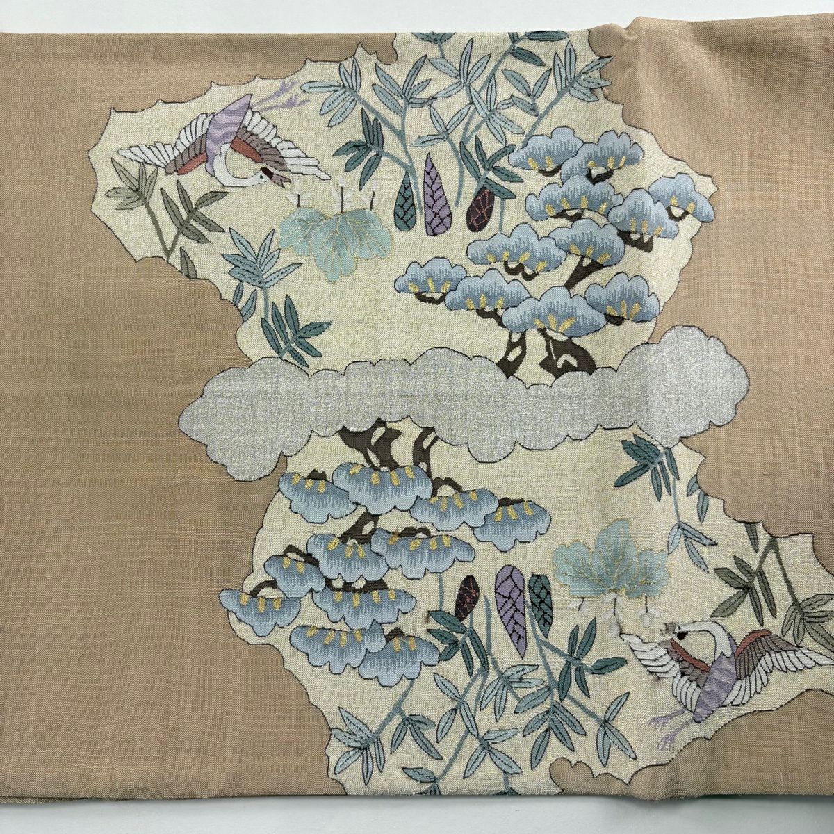 【美品】 袋帶 逸品級 鳥 寶盡くし 金通 金絲 淺茶 藍色 お太鼓圖案 純蠶絲