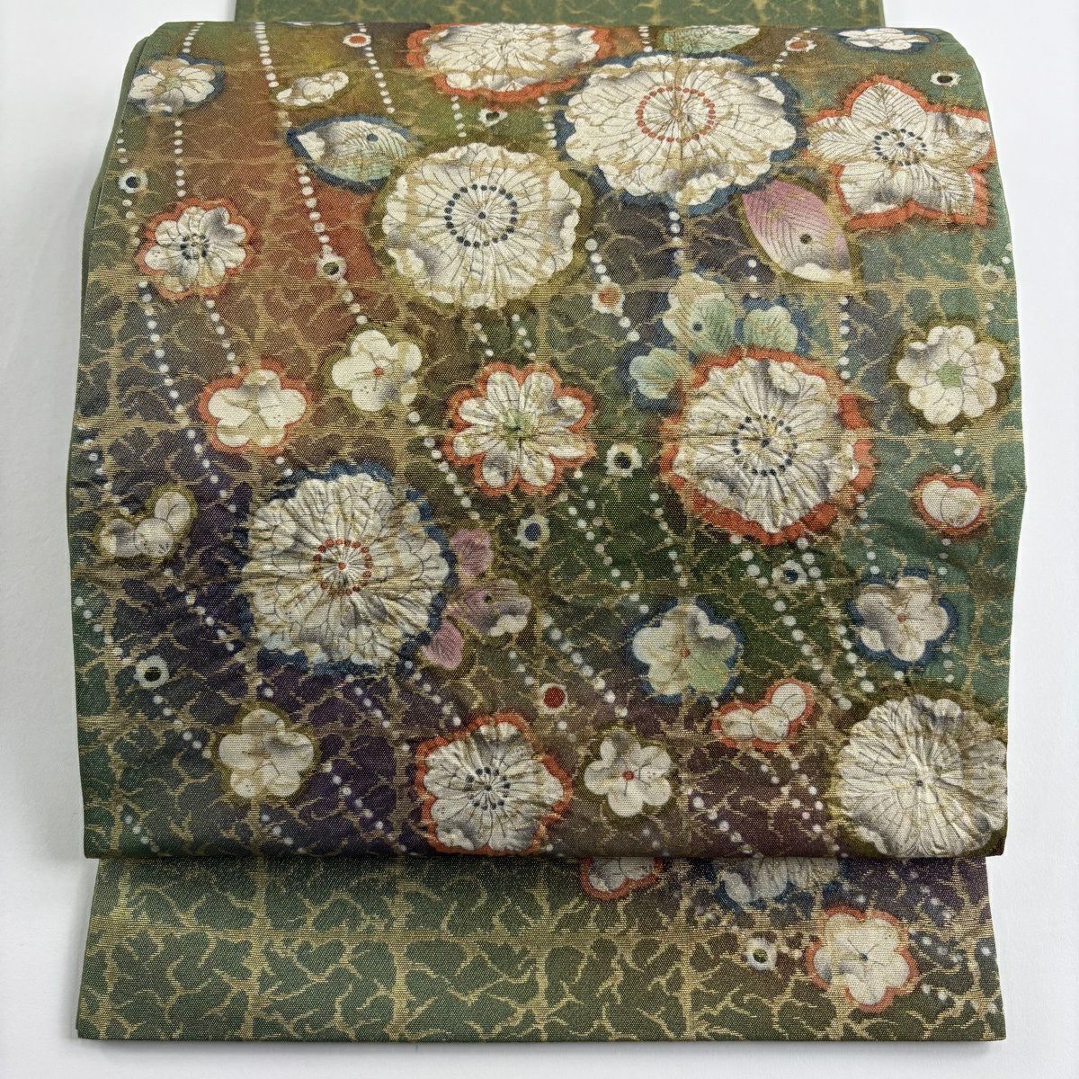 【美品】 袋帶 名品級 附落款 お太鼓 格子 金絲 金金箔 綠色 お太鼓圖案 純蠶絲