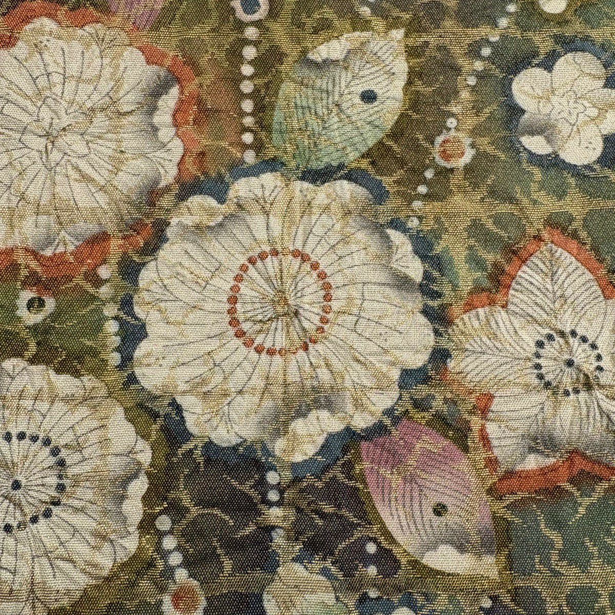 【美品】 袋帶 名品級 附落款 お太鼓 格子 金絲 金金箔 綠色 お太鼓圖案 純蠶絲