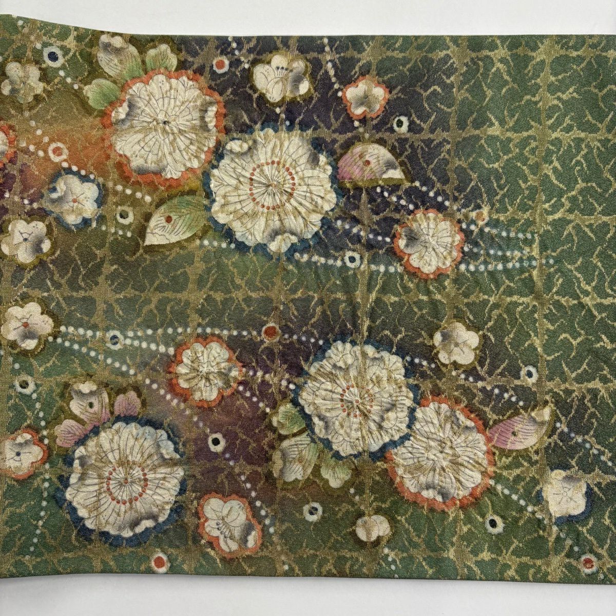 【美品】 袋帶 名品級 附落款 お太鼓 格子 金絲 金金箔 綠色 お太鼓圖案 純蠶絲