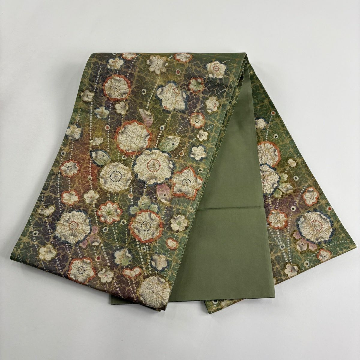 【美品】 袋帶 名品級 附落款 お太鼓 格子 金絲 金金箔 綠色 お太鼓圖案 純蠶絲