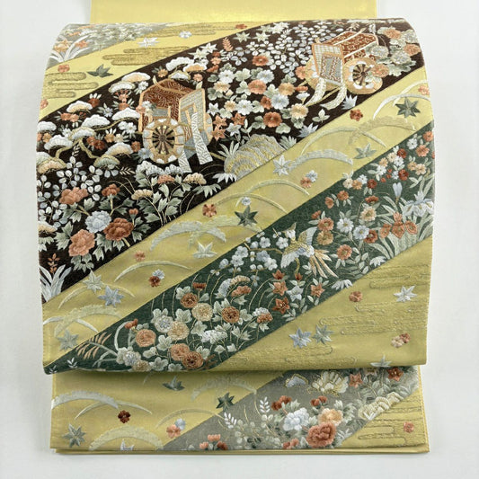 【美品】 袋帶 名品級 御所車 草花紋 金金箔 金絲 金色 大鼓圖案 純蠶絲
