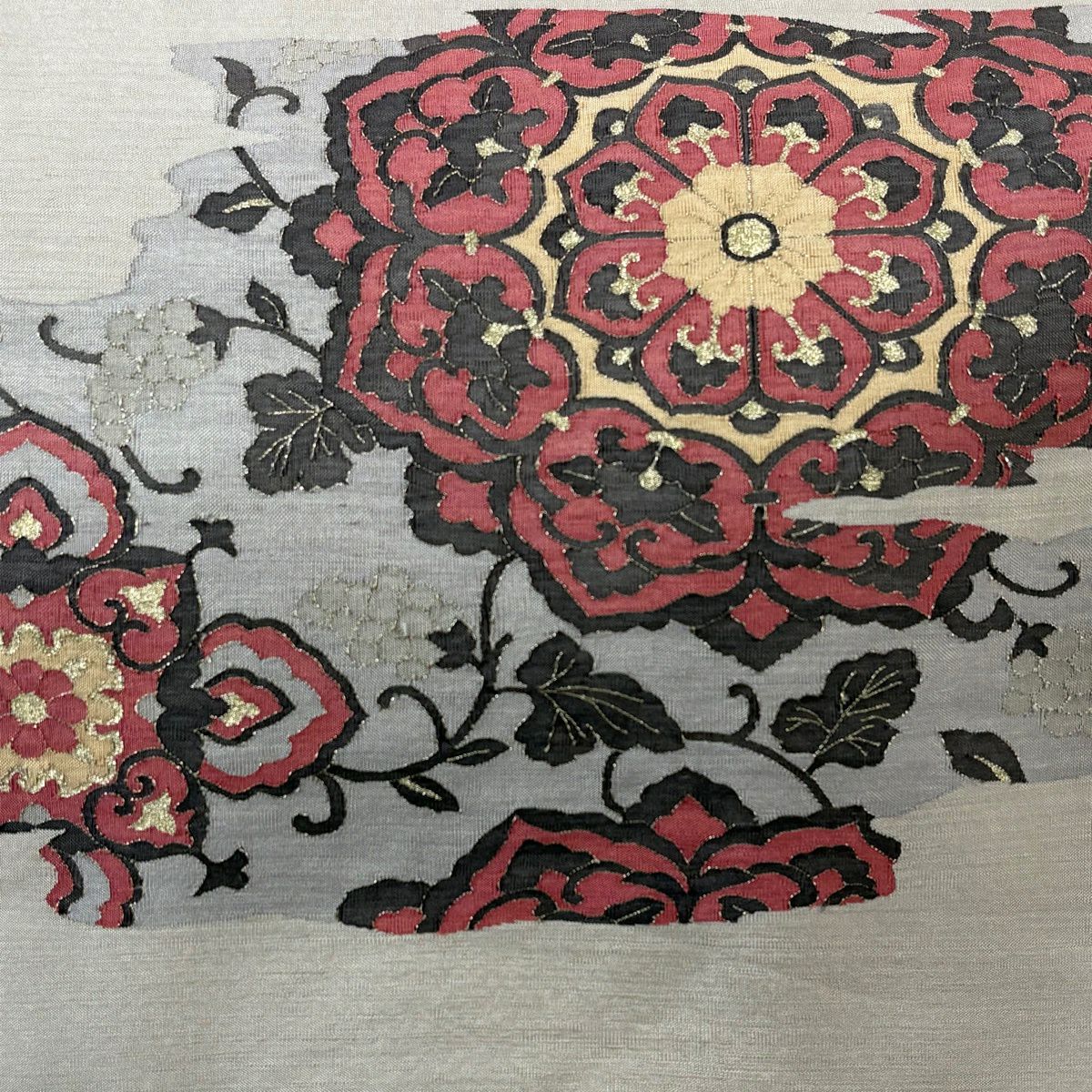 袋帶 逸品級 紬織織 華紋 花唐草紋 綴紋 金銀絲 灰茶 お太鼓圖案 純蠶絲
