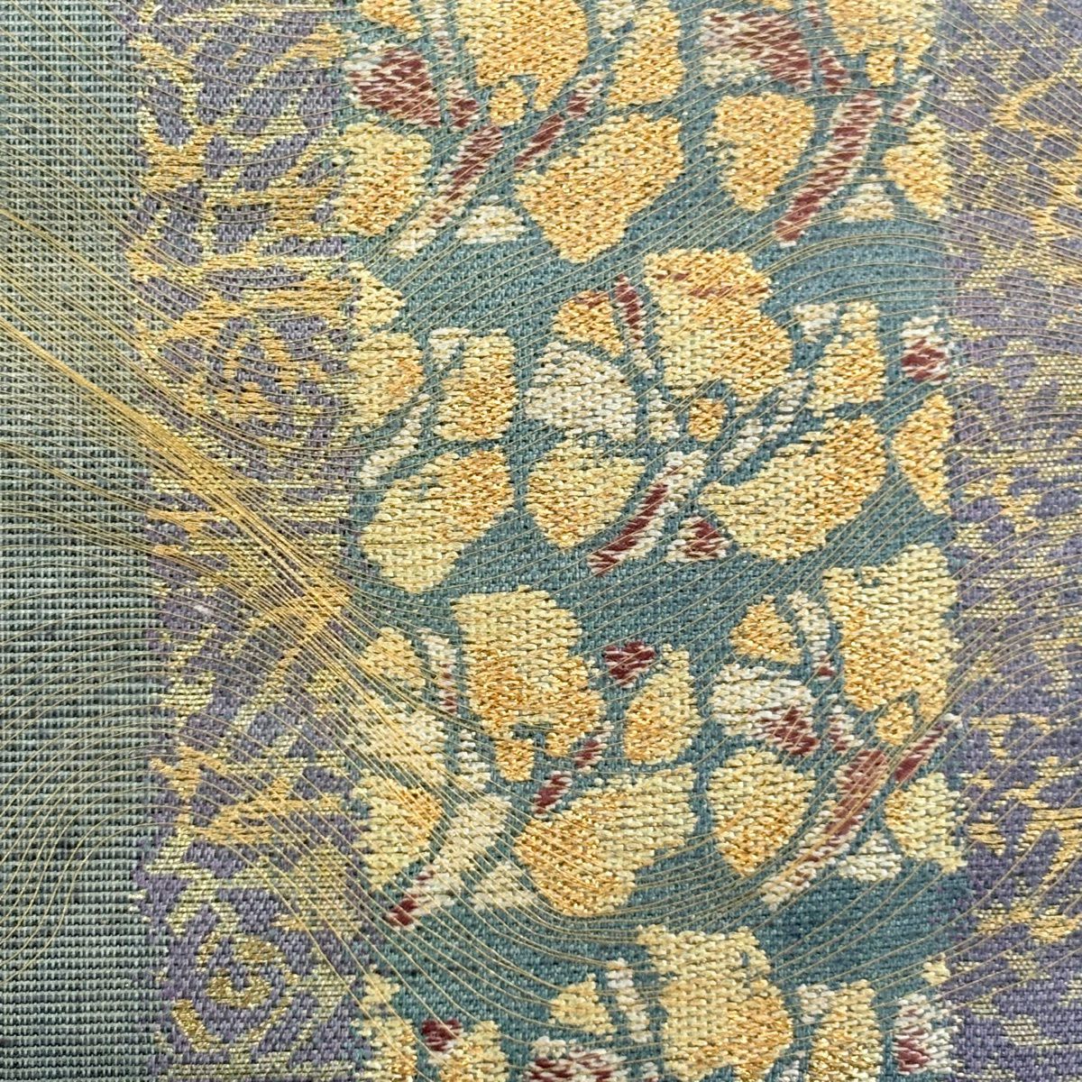袋帶 逸品級 しょうざん 紬織織 花 縞 金金箔 金絲 青綠 お太鼓柄 純蠶絲