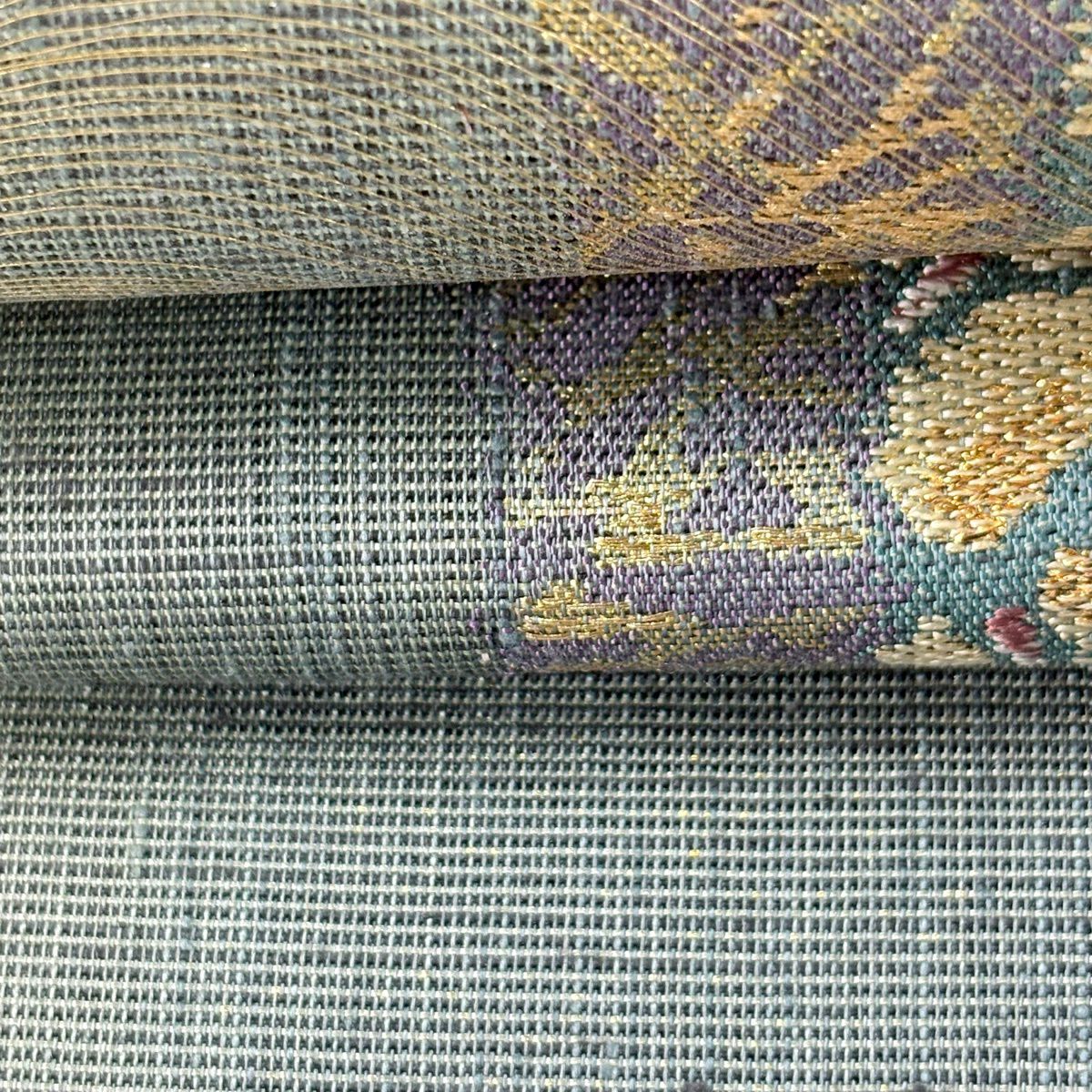 袋帶 逸品級 しょうざん 紬織織 花 縞 金金箔 金絲 青綠 お太鼓柄 純蠶絲
