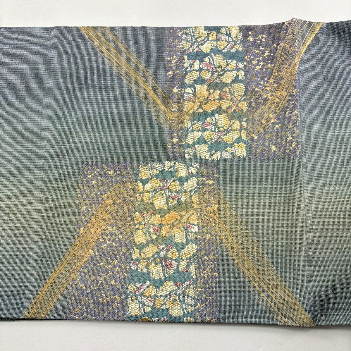 袋帶 逸品級 しょうざん 紬織織 花 縞 金金箔 金絲 青綠 お太鼓柄 純蠶絲