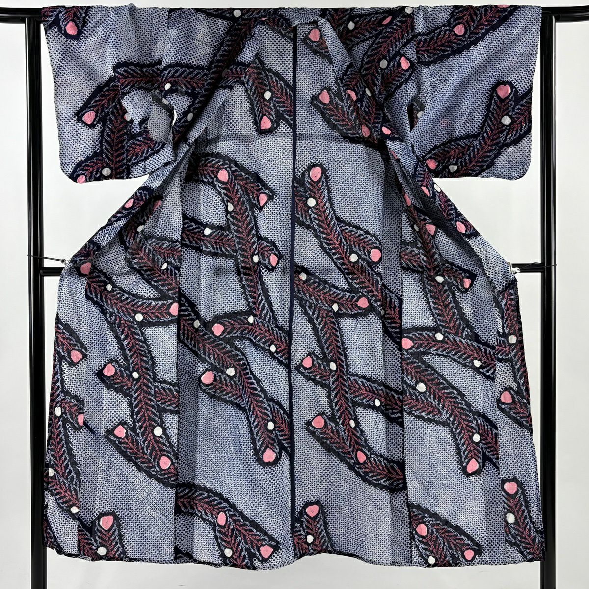 浴衣 身長145.5cm 袖長61cm S 絞染浴衣 孔雀羽 深藍 純棉 名品級