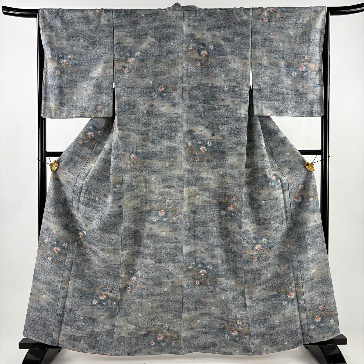 【美品】 紬織 身長163.5cm 袖長66cm M 雙層 小千谷紬織 霞 草花紋 青灰 純蠶絲 名品級