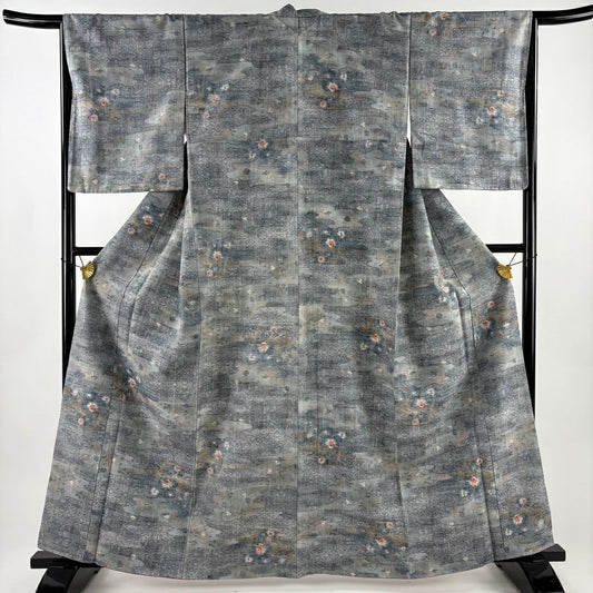 【美品】 紬織 身長163.5cm 袖長66cm M 雙層 小千谷紬織 霞 草花紋 青灰 純蠶絲 名品級