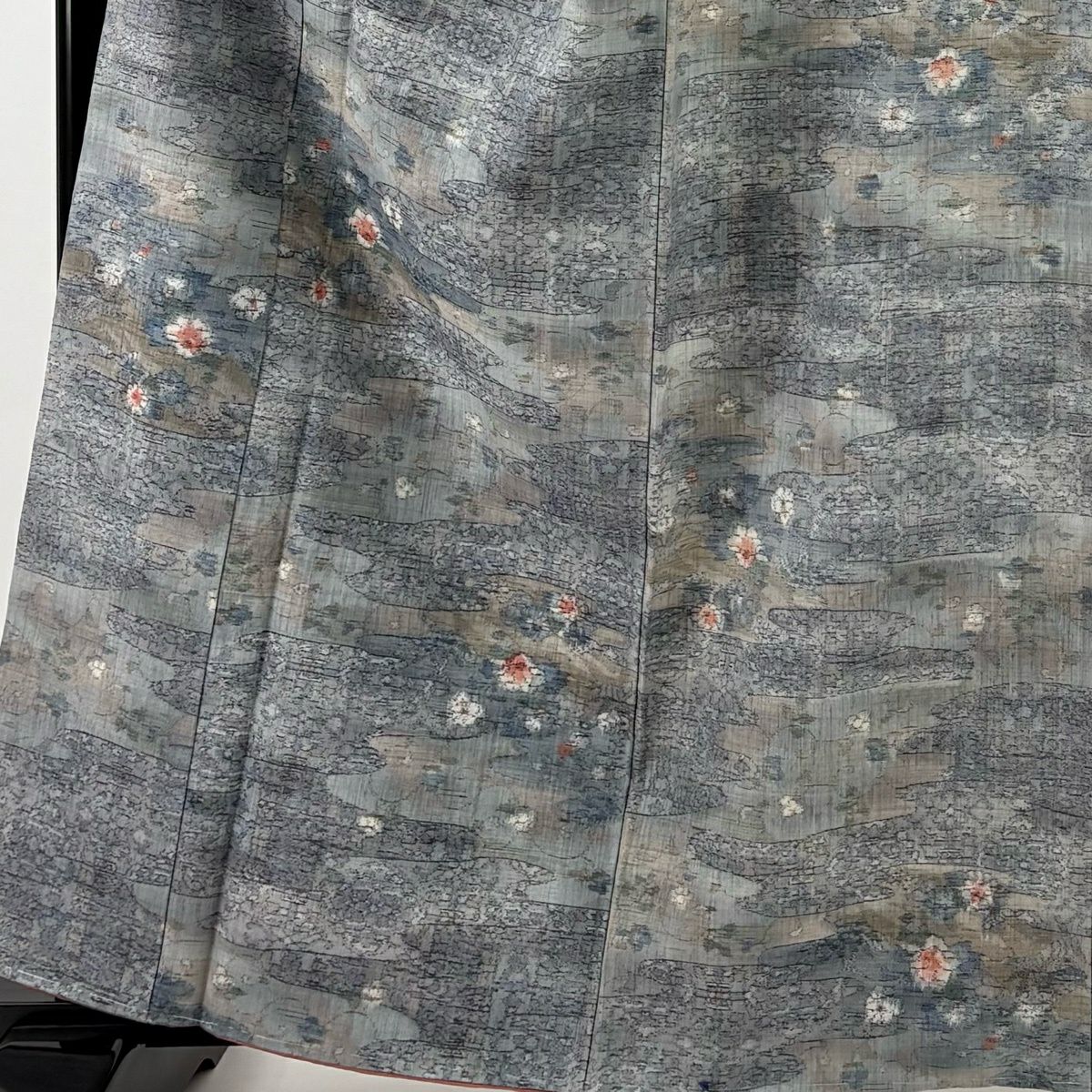 【美品】 紬織 身長163.5cm 袖長66cm M 雙層 小千谷紬織 霞 草花紋 青灰 純蠶絲 名品級
