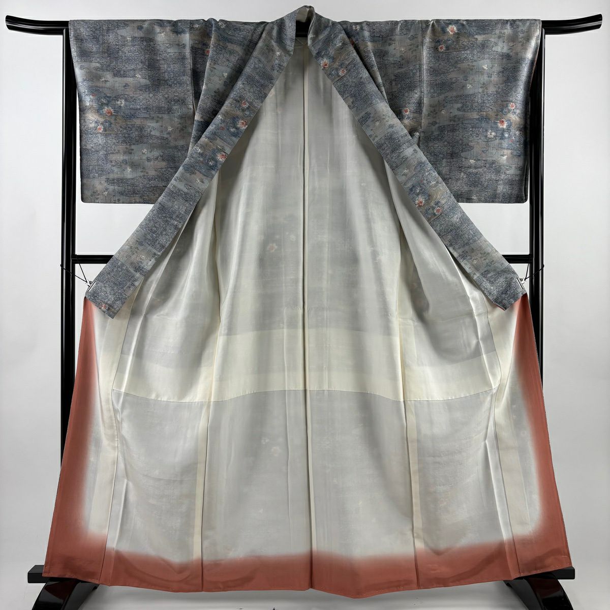 【美品】 紬織 身長163.5cm 袖長66cm M 雙層 小千谷紬織 霞 草花紋 青灰 純蠶絲 名品級