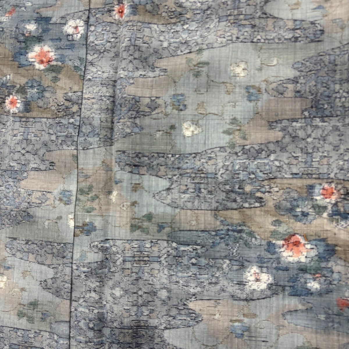 【美品】 紬織 身長163.5cm 袖長66cm M 雙層 小千谷紬織 霞 草花紋 青灰 純蠶絲 名品級