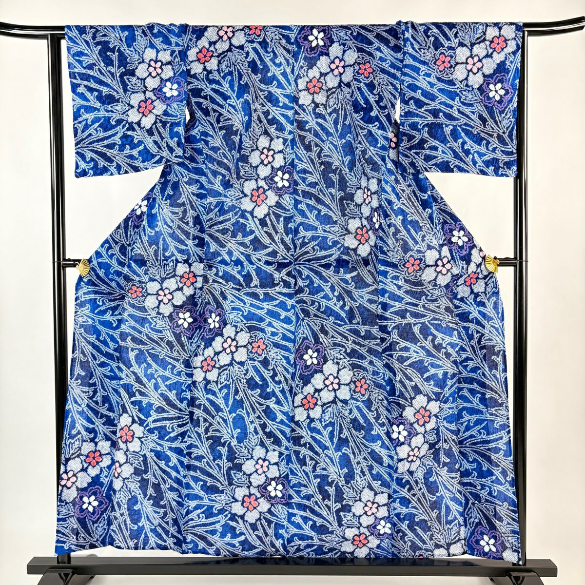 浴衣 身長159.5cm 袖長65cm M 絞染浴衣 草花紋紋 青 純棉 名品級