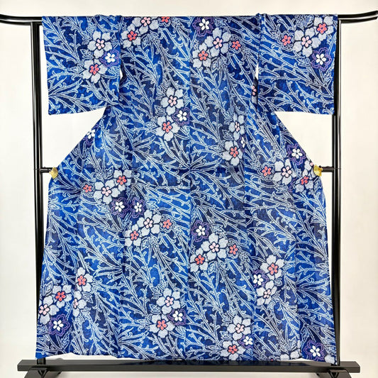 浴衣 身長159.5cm 袖長65cm M 絞染浴衣 草花紋紋 青 純棉 名品級